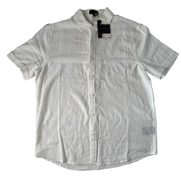 Magaschoni Man Mens button up linen blend short sleeve Shirt White Medium NWT - Picture 1 of 12